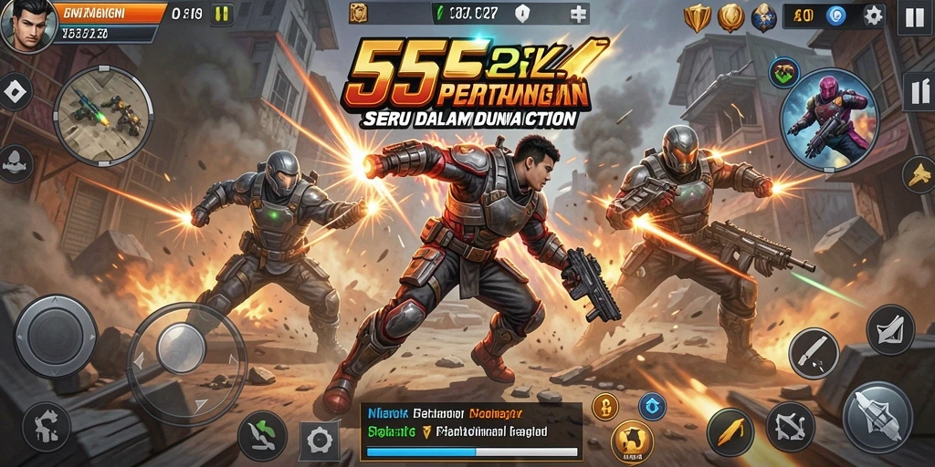 Screenshot utama gameplay Action 555ZK menampilkan pertarungan epik.