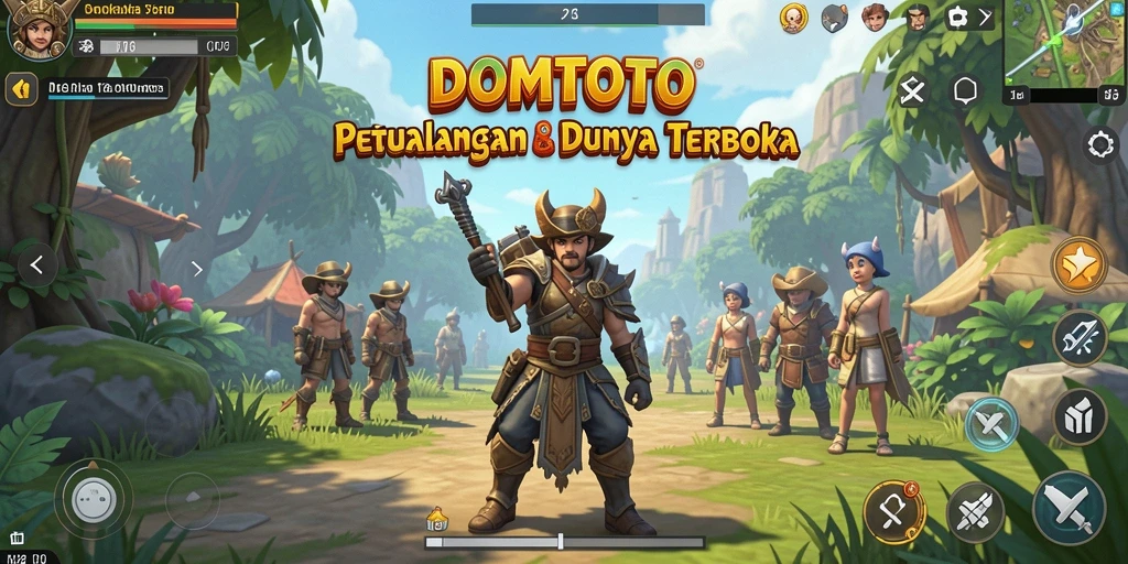 Tangkapan layar utama DOMTOTO menunjukkan dunia yang luas dan penuh petualangan.