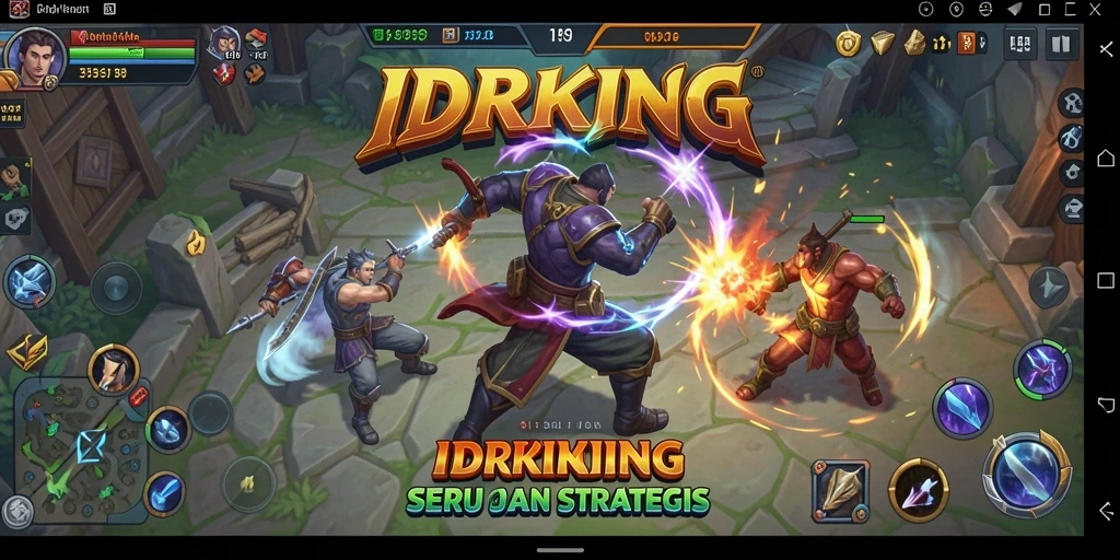 Screenshot utama IDRKING menampilkan pertarungan seru antara karakter dengan kemampuan unik.