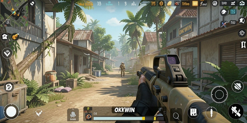 Screenshot utama menunjukkan aksi pertempuran yang mendebarkan di OKWIN.