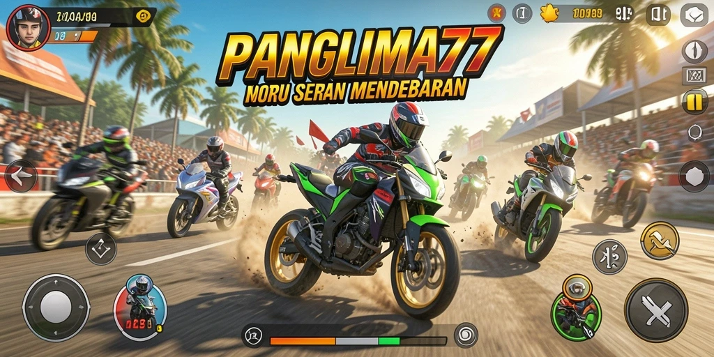 Screenshot utama PANGLIMA77 menampilkan aksi balapan motor yang mendebarkan.