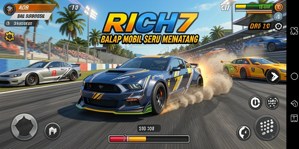 Tampilan gameplay RICH7 dengan mobil balap yang beraksi di lintasan.
