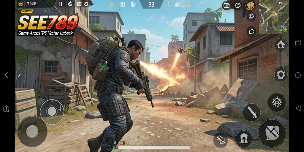 Screenshot SEE789 menampilkan aksi tembak-menembak yang intens.